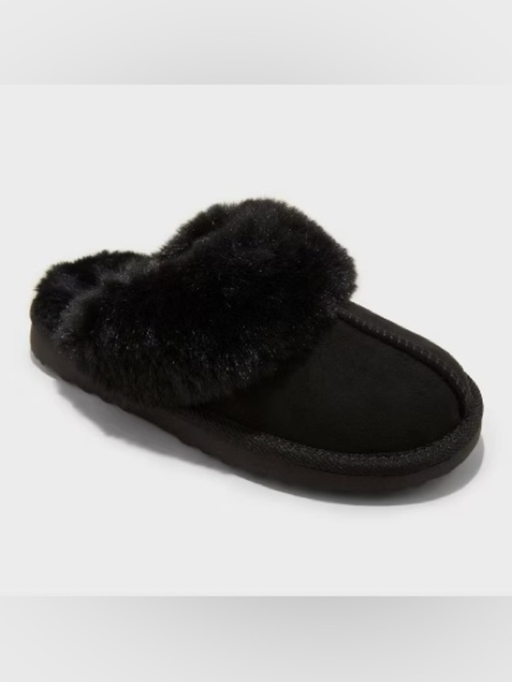 Girls Plush Black Slip-On Faux Fur Lined Slippers